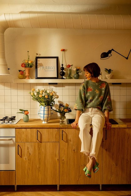 Woman with flowers on kitchen