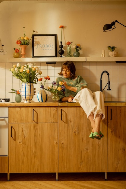 Woman with flowers on kitchen