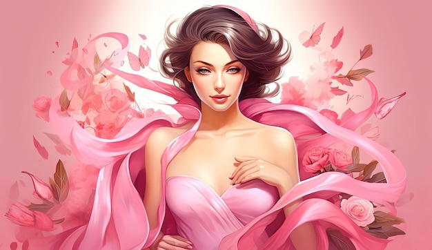 woman with flowers and pink ribbon in the style of highly realistic feminine curves