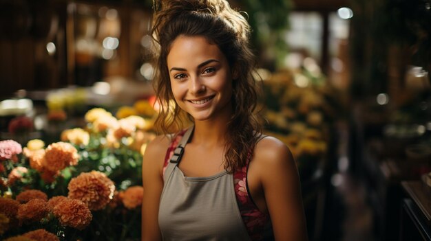 Foto donna con i fiori nel negozio