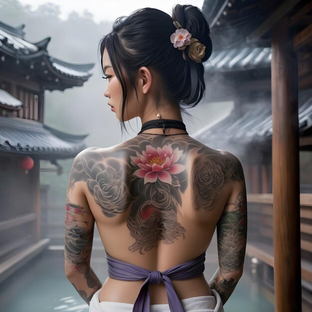 a woman with flowers and tattoo arth at her back