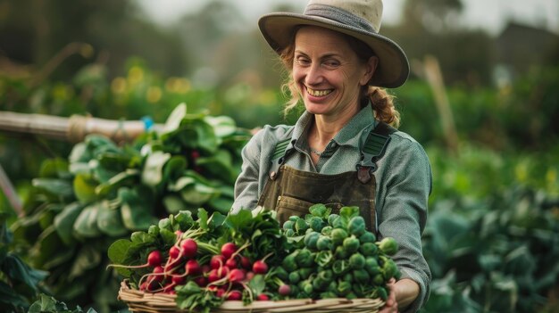 A woman with flowing hair holds a basket overflowing with a colorful assortment of freshly harvested