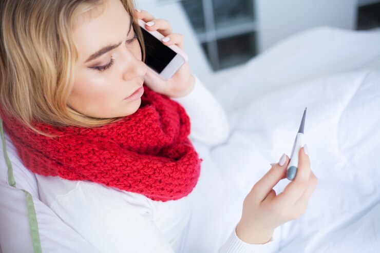Photo woman with flu virus lying in bed, she is measuring her temperature with a thermometer
