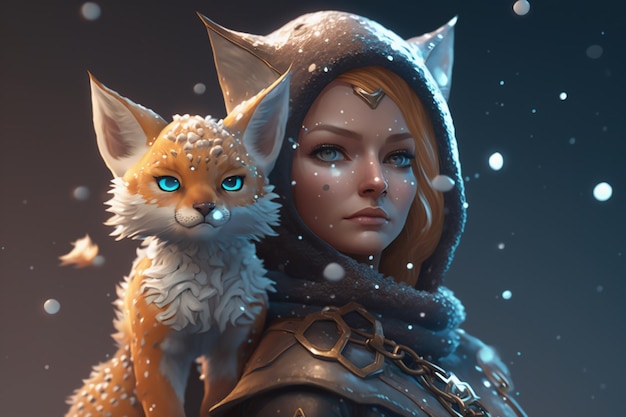 A woman with a fox on her shoulder