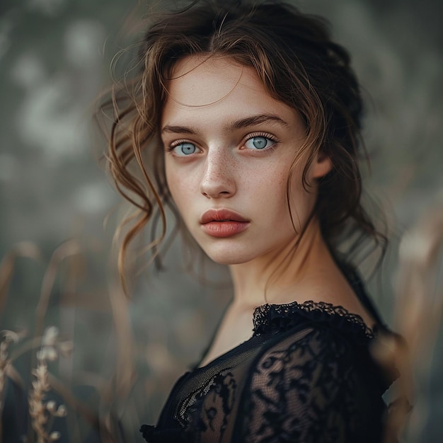 Photo a woman with a freckled face and long hair is standing in a field of tall grass