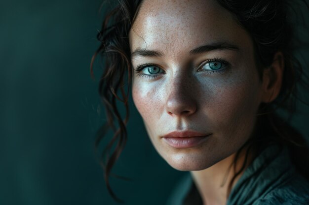 A woman with freckled hair and blue eyes