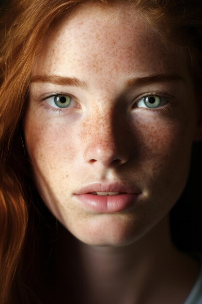 A woman with freckled hair and green eyes