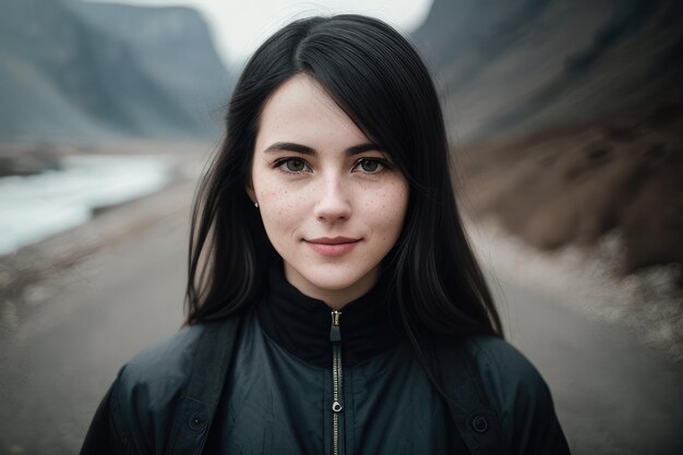 A woman with freckles and a black jacket stands on a road.