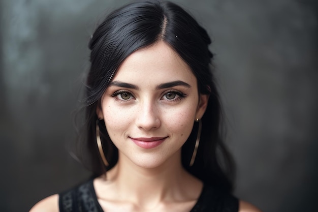 A woman with freckles and a black top smiles at the camera.