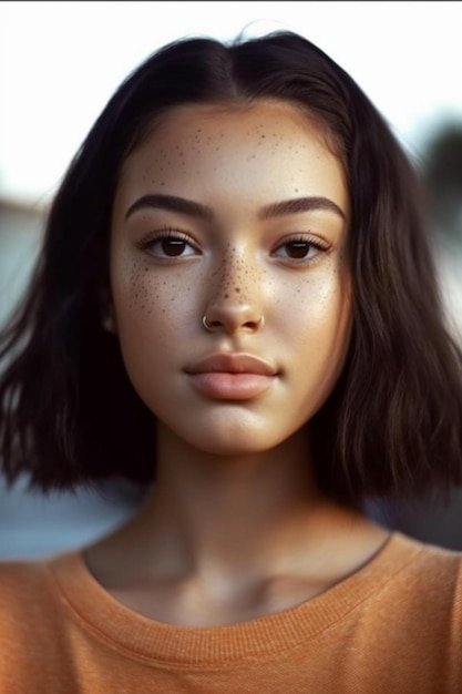 A woman with freckles and a brown shirt