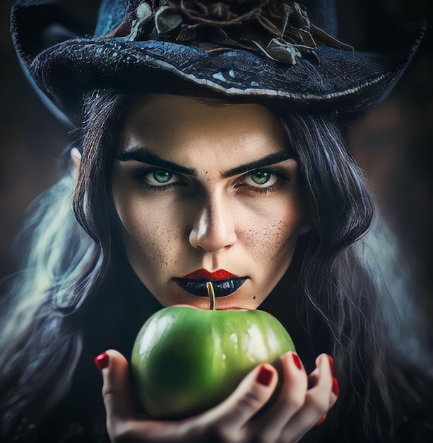 A woman with freckles and freckles is holding an apple.