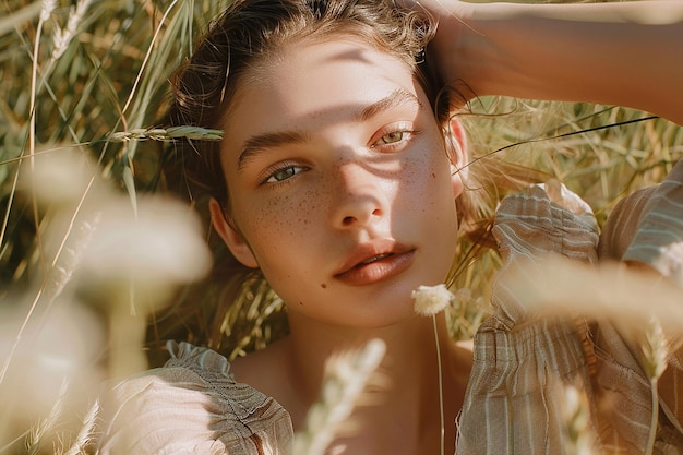 Photo a woman with freckles and freckles is posing in a field of grass