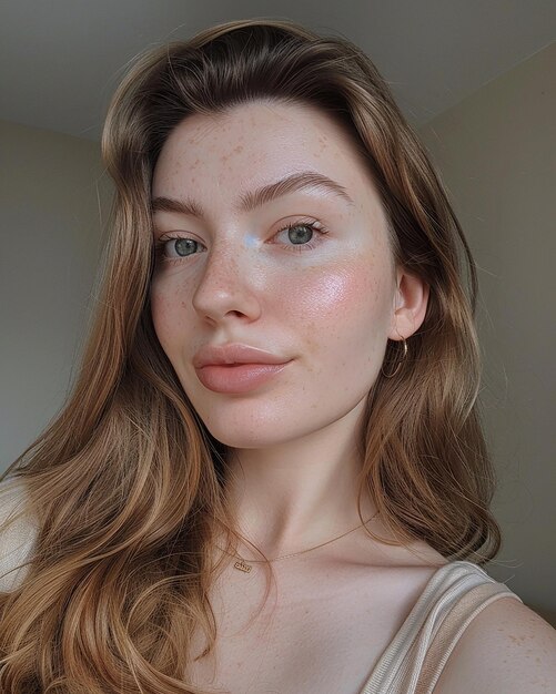 a woman with freckles and freckles is posing in front of a white wall