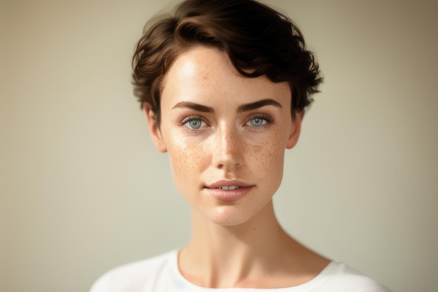 A woman with freckles and freckles is posing for a portrait.
