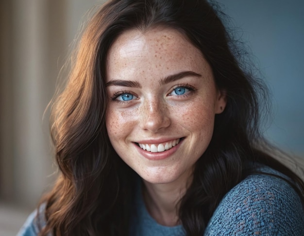 a woman with freckles and freckles is smiling