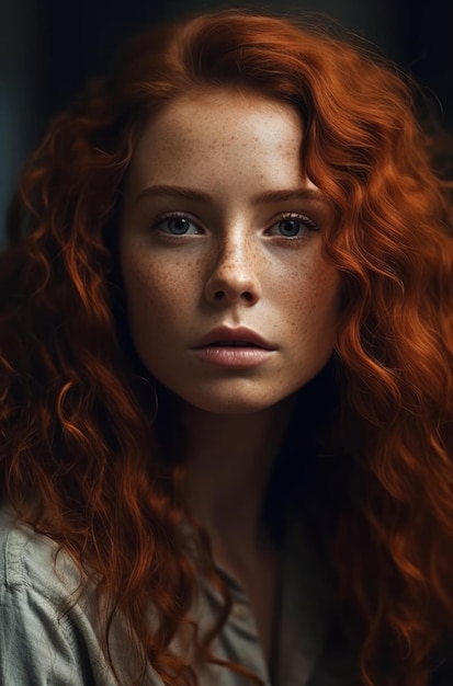 A woman with freckles and freckles looks at the camera.