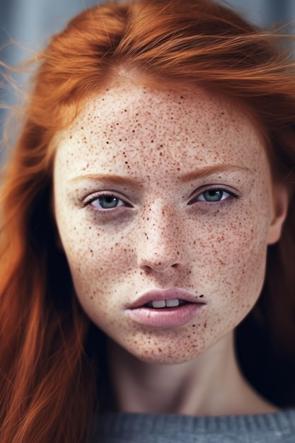 A woman with freckles and freckles looks at the camera.