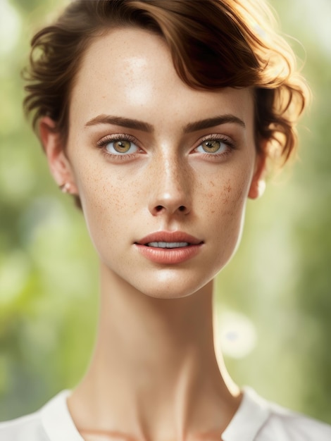 A woman with freckles and freckles looks at the camera.