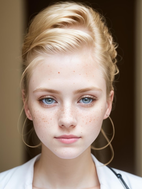 A woman with freckles and freckles looks into the camera.