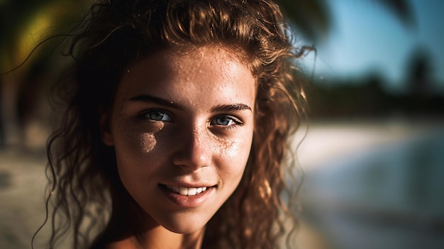 A woman with freckles and freckles smiles at the camera.