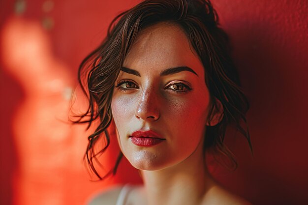 Foto una donna con le lentiggini sul viso sta posando contro un muro rosso