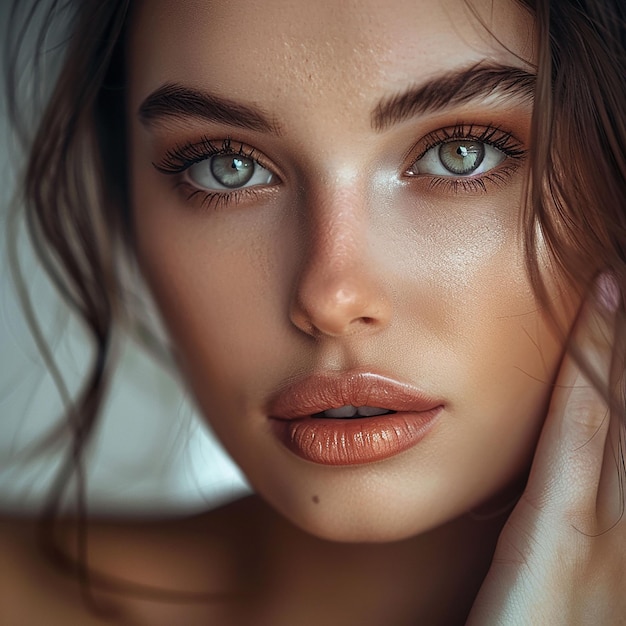 a woman with a freckles on her face is posing with a white background