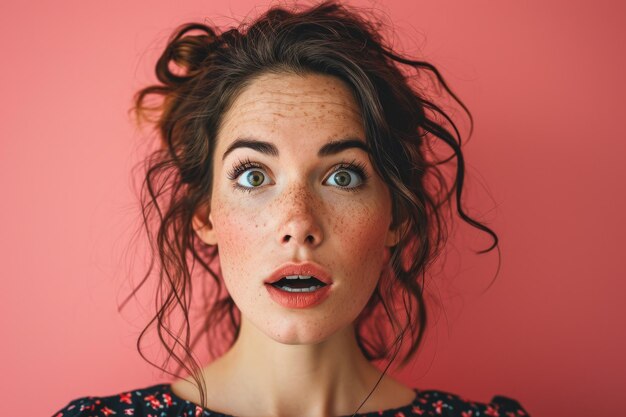 A woman with freckles on her face looking surprised