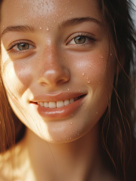 Photo a woman with freckles on her face and the sun shining on her face