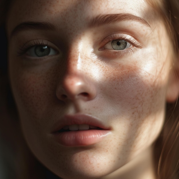 a woman with freckles on her face and the sun shining on her face.