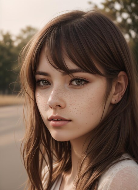 Photo a woman with freckles on her face and a white shirt on a street corner with trees in the background