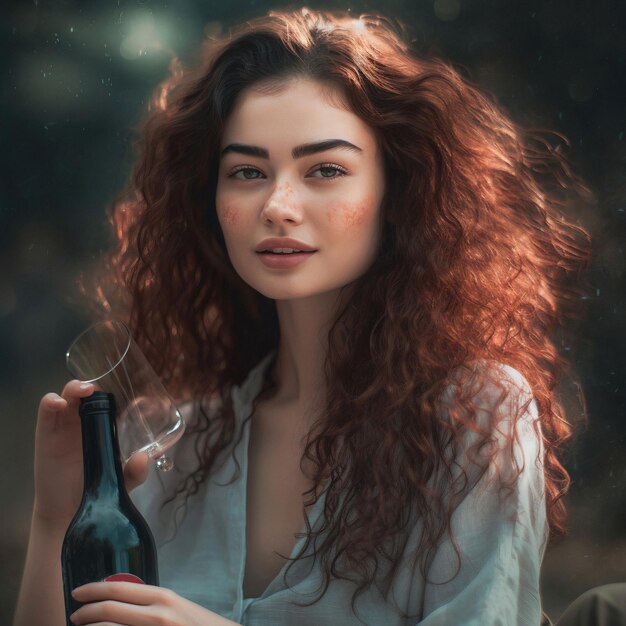 A woman with freckles holding a bottle of wine.