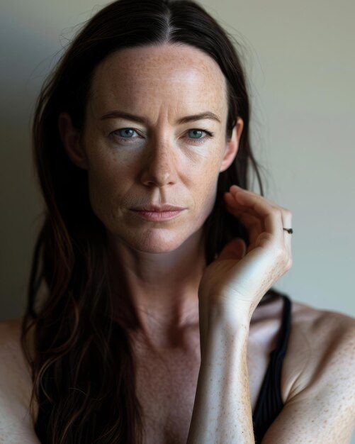 A woman with freckles posing for a portrait