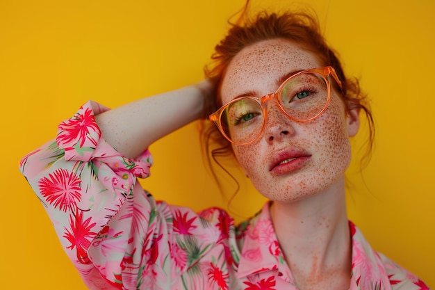 Woman with freckles posing on a yellow background