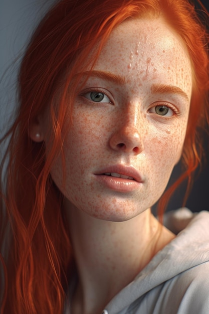 A woman with freckles and red hair looks at the camera.