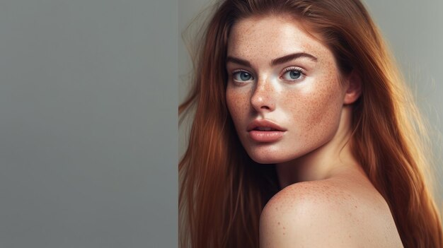 A woman with freckles and red skin looks at the camera.