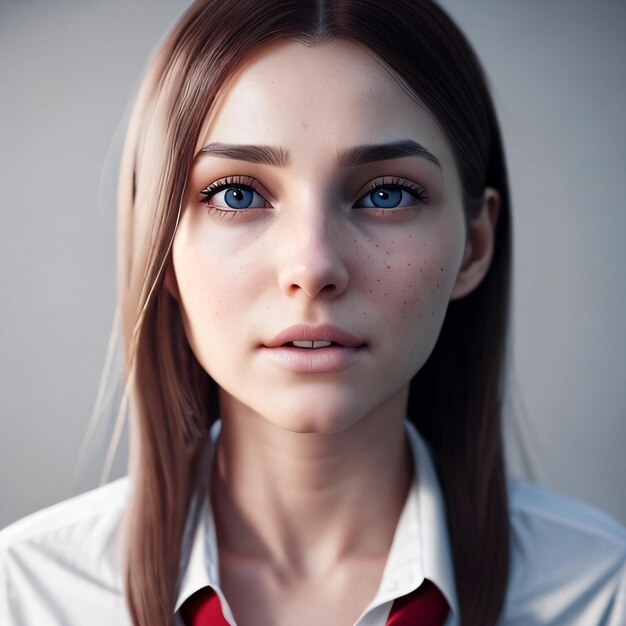 A woman with freckles and a red tie is looking at the camera.