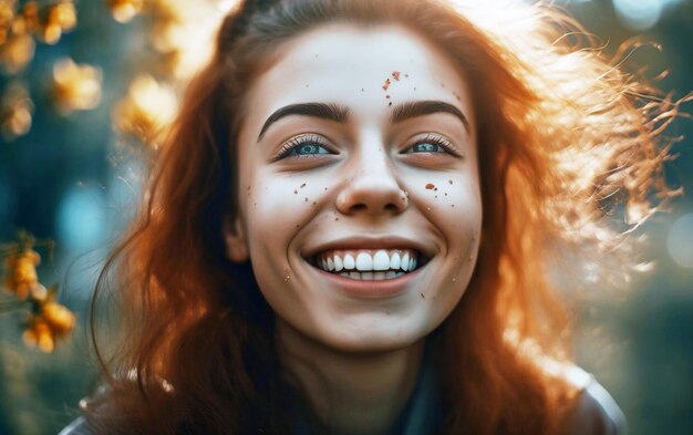 Foto una donna con le lentiggini sorride alla macchina fotografica.