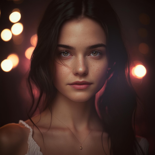 A woman with freckles and a white shirt is standing in front of a blurred background of lights.