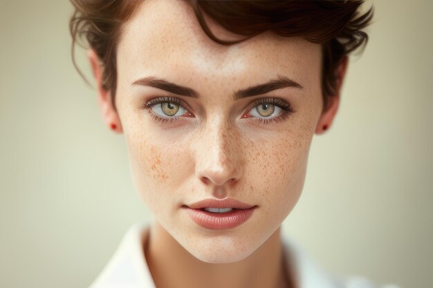 A woman with freckles and a white shirt