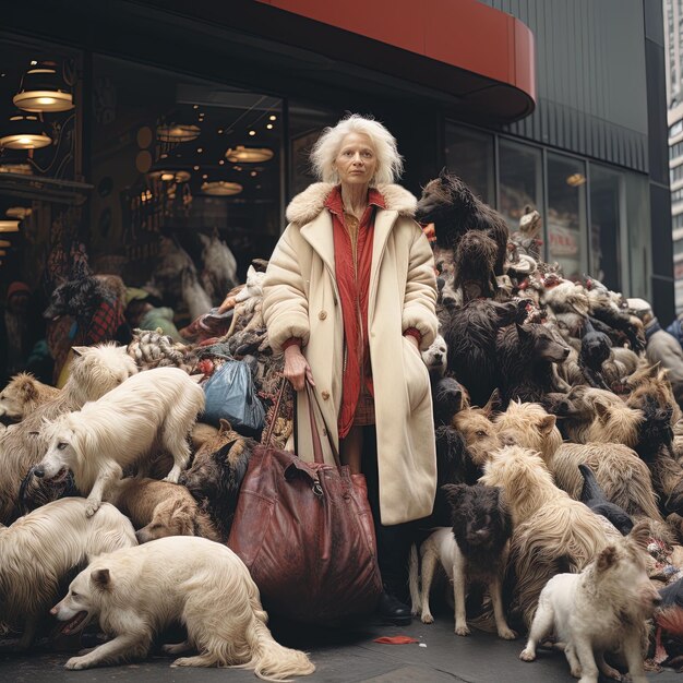 Photo a woman with a fur coat on with many dogs