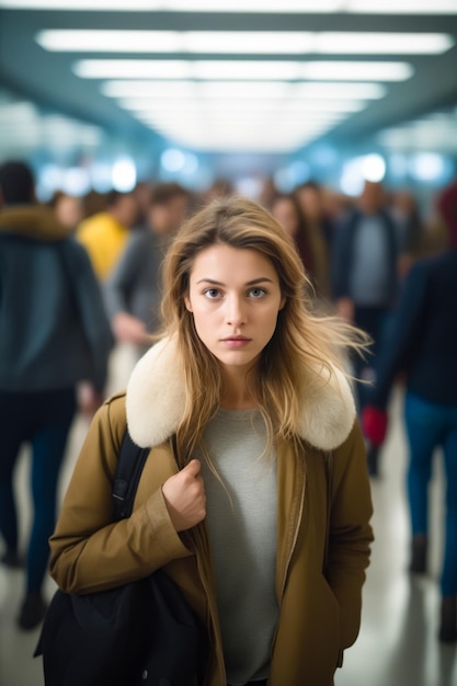 Woman with fur collar standing in crowd Generative AI