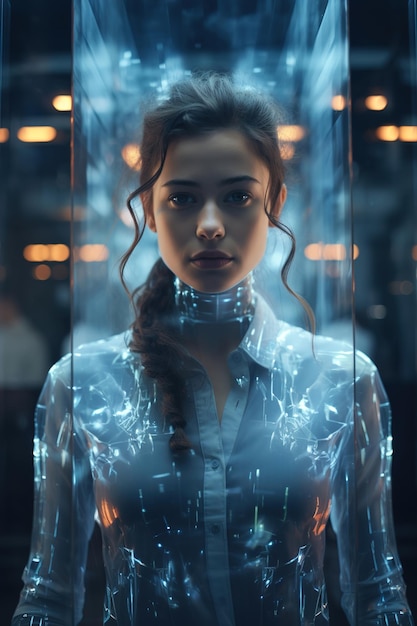 A woman with a futuristic body in a room Hologram visualisation
