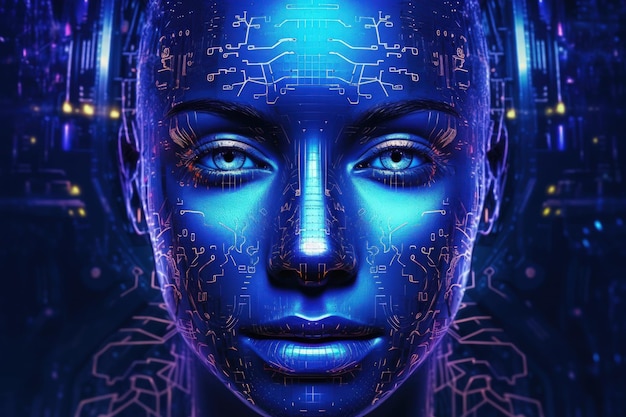 Premium AI Image | A woman with a futuristic face and circuit board ...