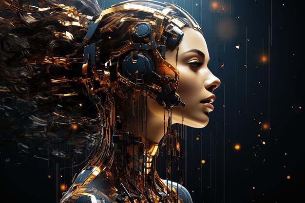 a woman with a futuristic head and a gold background