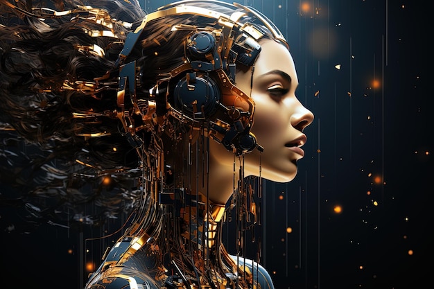 a woman with a futuristic head and a gold background