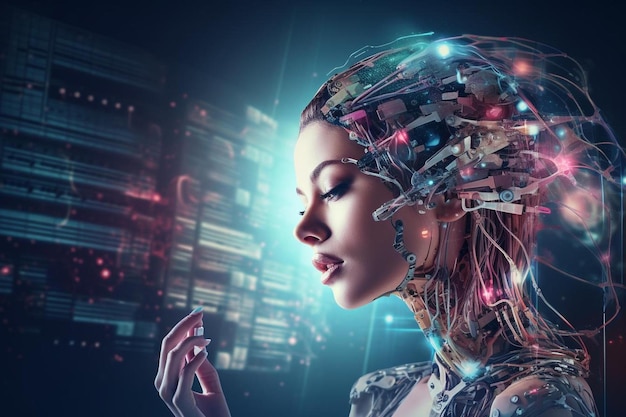 A woman with a futuristic head and the word technology on the face.