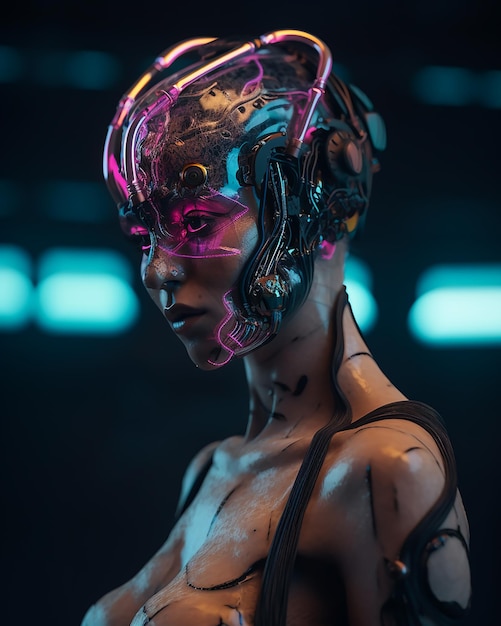 未来的なヘルメットとピンクの LED を持つ女性