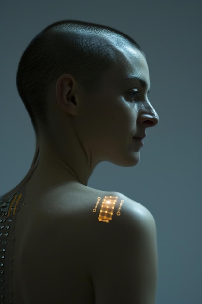 Woman with futuristic nanotech chip implant on shoulder in hospital Human technology synergy health