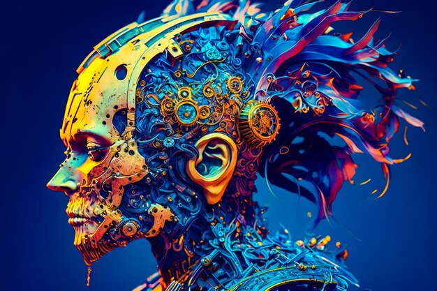 Woman with gears on her head and clock in her hand with blue background Generative AI