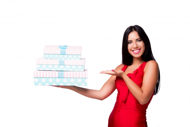 Woman with giftbox isolated on the white background